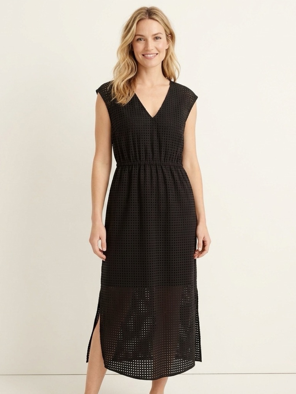 J. Crew Black Eyelet Lined Midi Dress with Pockets. Sleeveless. Size 8. Black.
